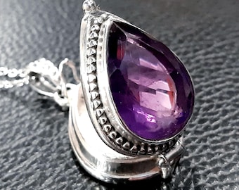 Amethyst photo locket necklace 925 Sterling silver locket pendant Poison box pendant Amethyst gemstone locket Keepsake Movable lid pendant