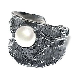 Pearl ring 925 Sterling silver ring Adjustable band White pearl band Freshwater pearl gemstone ring Natural pearl ring June birthstone ring