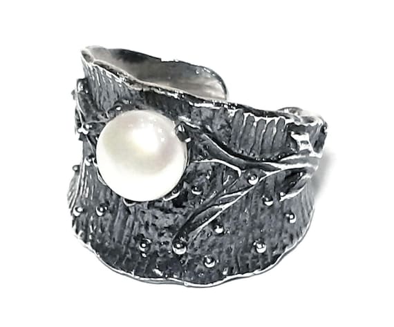 Pearl ring 925 Sterling silver ring Adjustable band White pearl band Freshwater pearl gemstone ring Natural pearl ring June birthstone ring