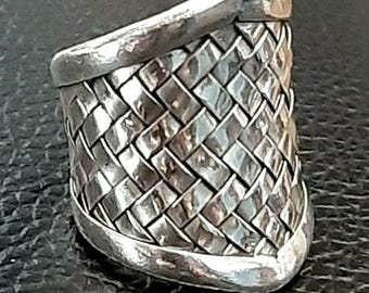 Net ring Sterling silver ring Unisex Adjustable ring Woven band Weave band ring Wide band woven ring Mesh weave ring Knots band Braided band