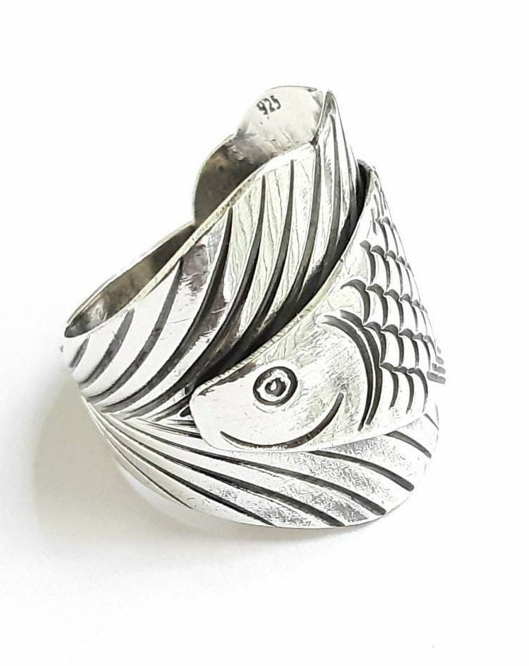 Fish Ring Sterling Silver Adjustable Unisex Wide Band