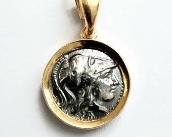 Goddess Athena coin necklace Unisex Grecian medallion Gold plated 925 Sterling silver Oxidised coin Ancient Greek jewelry Layering necklace