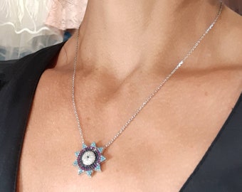 Collar de mal de ojo, collar de plata de ley 925, colgante de piedras preciosas de circón, joyería de buena suerte, collar griego Mati, collar con colgante de mal de ojo