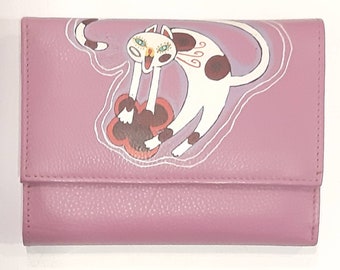 Portefeuille en cuir rose Portefeuille de chat Cat sac à main Véritable sac à main femme sac à main Main peint chat Everlasting couleurs pour elle pour les enfants