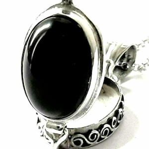Black onyx photo locket necklace Sterling silver locket Keepsake Poison box pendant necklace Movable lid pendant Secret compartment jewelry