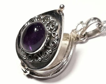 Amethyst photo locket necklace 925 Sterling silver locket pendant Poison box pendant Amethyst gemstone locket Keepsake Movable lid pendant