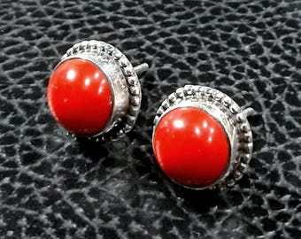 Red coral earrings 925 Sterling silver earrings Natural coral stud earrings Genuine coral studs Coral jewelry Silver studs Silver jewelry