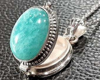 Amazonite photo locket necklace 925 Sterling silver locket Keepsake locket 3D charm box locket Amazonite gemstone locket Movable lid pendant