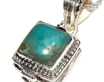Tibetan turquoise photo locket necklace Sterling silver locket Keepsake Charm box Turquoise gemstone locket Movable lid pendant Prayer box