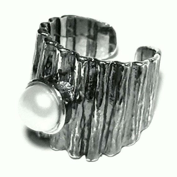 Pearl ring 925 Sterling silver ring Adjustable band White pearl band Freshwater pearl gemstone ring Natural pearl ring June birthstone ring