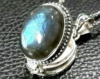 Labradorite photo locket necklace 925 Sterling silver Keepsake 3-D charm box pendant Movable lid locket Labradorite gemstone prayer box