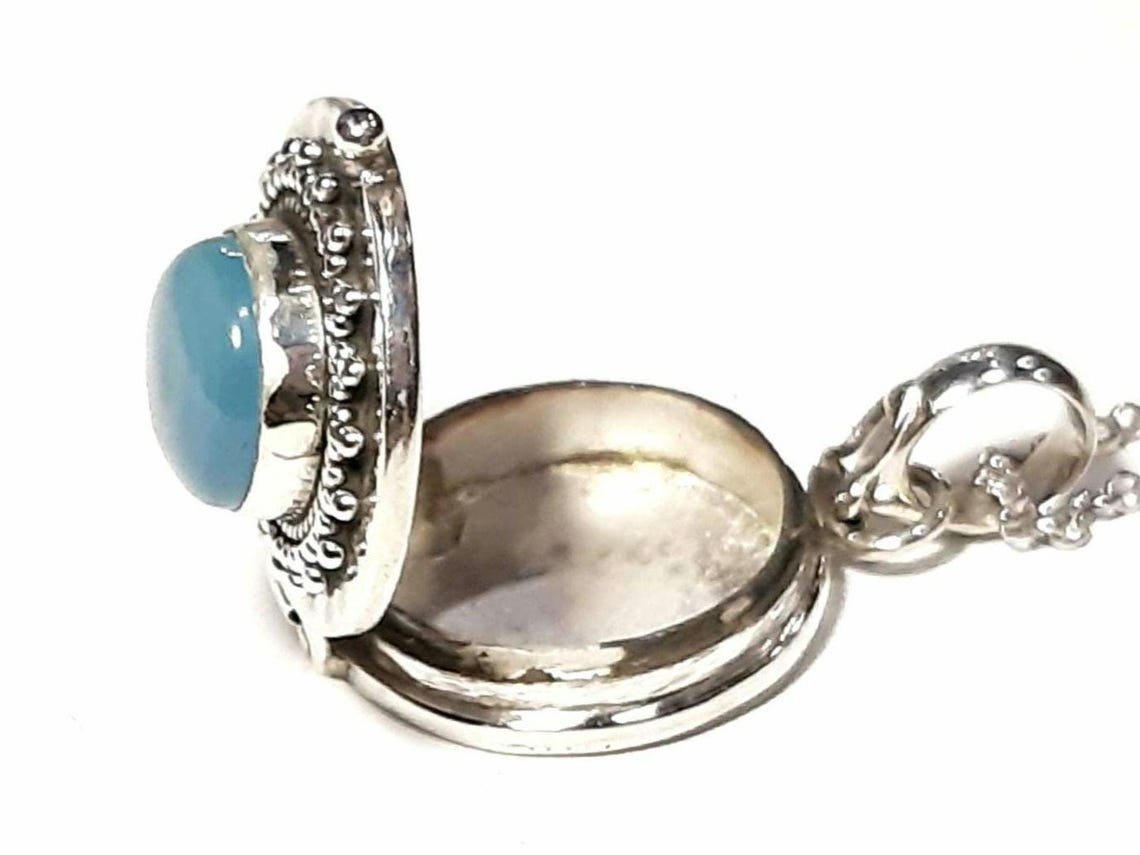Aquamarine photo locket necklace Sterling silver Keepsake 3-D charm box pendant Aquamarine gemstone locket Aquamarine movable lid pendant image 4