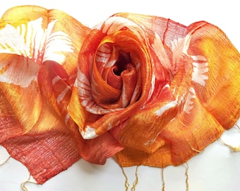 Orange Silk Scarf Hand Dyed Handwoven Light Weight Batik Natural Pure Raw Silk Wedding Accessories Handmade Wedding Gift For Her