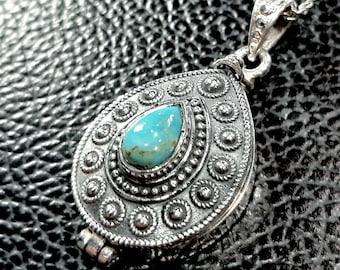 Tibetan turquoise photo locket necklace Sterling silver locket Keepsake box pendant Movable lid Secret compartment Turquoise gemstone locket