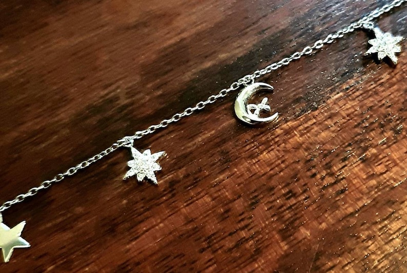 Crescent moon /& star bracelet Sterling silver Celestial Lunar charms Crescent moon zircon stars Minimalist Layering dainty charm bracelet