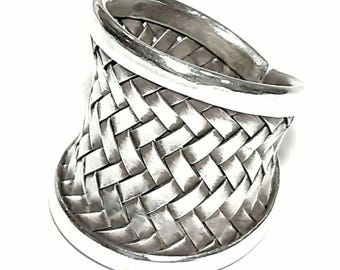 Net ring Sterling silver ring Unisex Adjustable ring Woven band Weave band ring Wide band woven ring Mesh weave ring Knots band Braided band