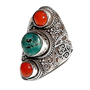 Tibetaanse turquoise ring Sterlingzilveren band Verstelbare ring Rode koraalring Turquoise edelsteenring Tibetaanse sieraden Tibetaanse turquoise sieraden