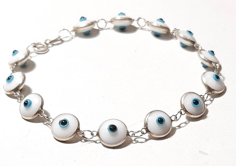 Evil Eye Bracelet Sterling Silver Unisex amulet Protection Good Luck Mati Lampwork Murano Glass Beads Chain Link Greek Jewelry Gift For Baby image 4