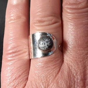 May include: A silver ring with a black and white speckled stone set in a silver bezel. The ring is worn on a finger.