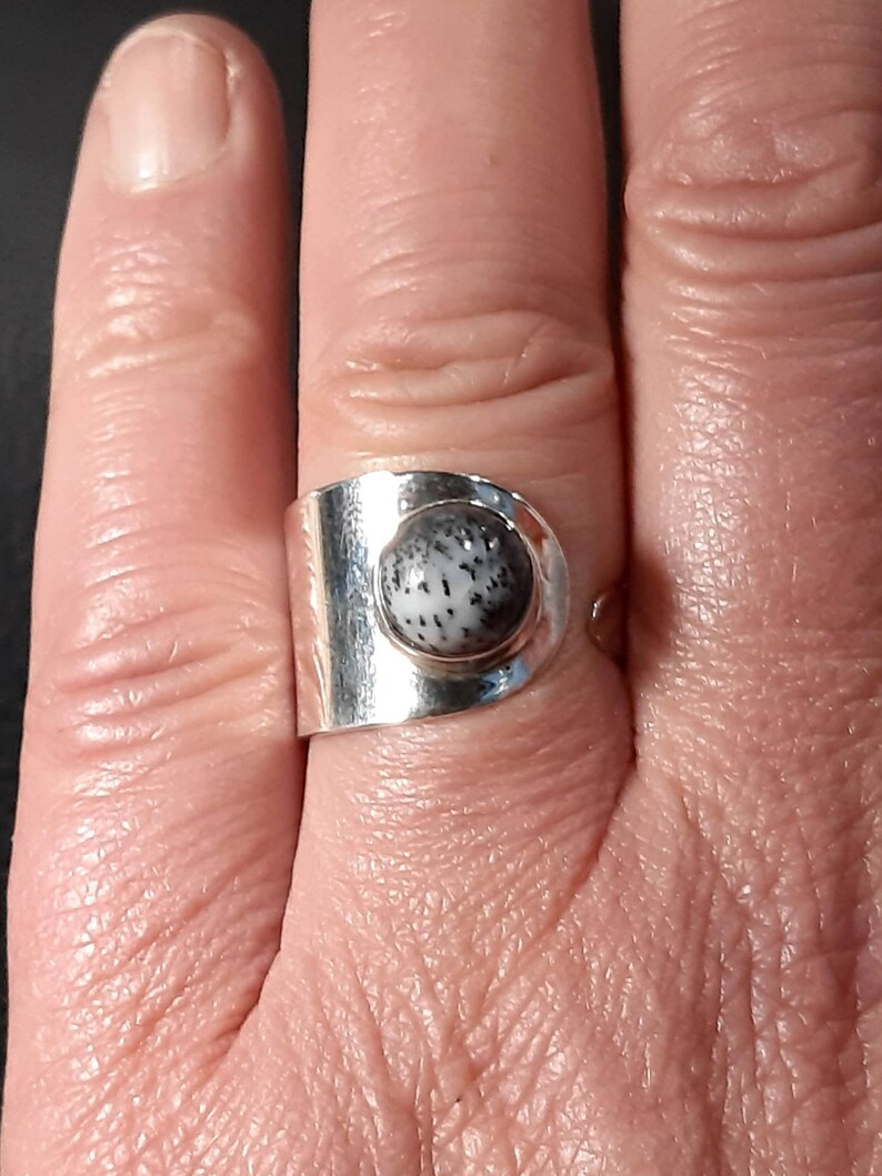 May include: A silver ring with a black and white speckled stone set in a silver bezel. The ring is worn on a finger.