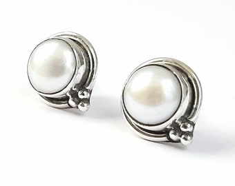 Pearl earrings Sterling silver stud earrings Freshwater pearl studs Natural pearl gemstones White pearl jewelry June birthstone Bridal studs