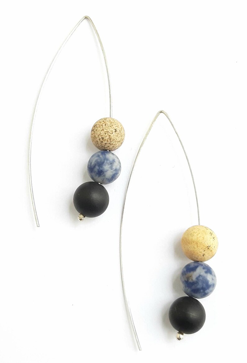 Agate earrings Sterling silver Black blue /& beige agate gemstones Natural agate dangle earrings Genuine agate dangles Minimalist Jewelry