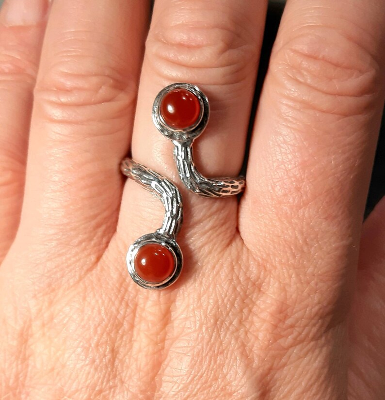 May include: A silver ring with a snake-like design and two round carnelian stones.