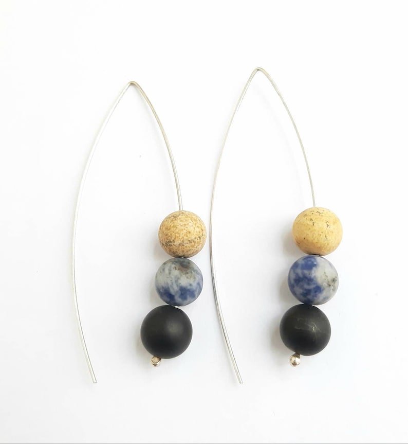 Agate earrings Sterling silver Black blue /& beige agate gemstones Natural agate dangle earrings Genuine agate dangles Minimalist Jewelry