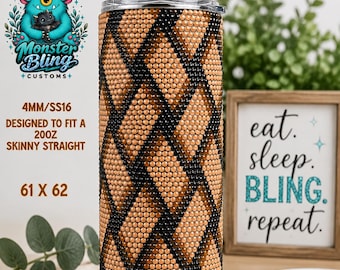 May include: A cylindrical tumbler covered in a diamond pattern of tan and black rhinestones. The design includes text stating 4MM/SS16, designed to fit a 20oz skinny straight, 61 x 62, and digital download only. A metal straw is inserted in the lid.