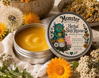 May include: A round silver tin containing yellow herbal skin salve. The lid features a label with a teal monster and pink pig illustration, text reading Monster Herbal Skin Rescue, and lists organic jojoba oil, dandelion, yarrow, and calendula.