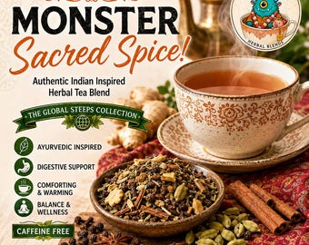 May include: A package of Monster Sacred Spice herbal tea blend featuring a teacup with brown floral patterns, a bowl of loose tea ingredients including cinnamon sticks, cardamom pods, cloves, and star anise, with text listing ingredients.