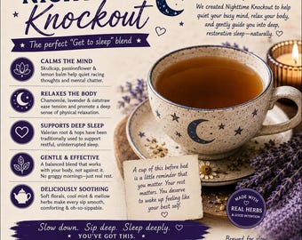 May include: A ceramic tea cup and saucer with a speckled finish and dark blue moon and star motifs, filled with amber tea. The image features text detailing the Nighttime Knockout blend, including ingredients like skullcap, lavender, and valerian root.