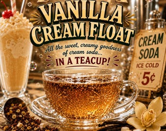 May include: A glass teacup and saucer filled with amber liquid, featuring a starburst pattern. Text reads: HERBAL POP SHOP COLLECTION, VANILLA CREAM FLOAT, All the sweet, creamy goodness of cream soda... IN A TEACUP!, Smooth Vanilla, Sweet Honey, Creamy, Cozy Finish.