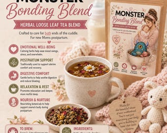 May include: A pouch of Monster Bonding Blend herbal loose leaf tea featuring an illustration of a person holding a baby and a monster in a teacup. Includes a speckled mug with a heart, a small bowl of dried tea leaves, and a heart-shaped wooden tag.