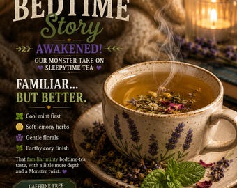 May include: A speckled ceramic teacup and saucer decorated with lavender sprigs, filled with steaming herbal tea. Text reads: BEDTIME STORY AWAKENED! OUR MONSTER TAKE ON SLEEPYTIME TEA. FAMILIAR... BUT BETTER. Cool mint, lemony herbs, florals, earthy finish. CAFFEINE FREE.