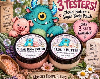 May include: Two round jars of Monster Herbal Blends skincare products, one labeled Sugar Body Polish and one labeled Cloud Butter, each containing 1 oz (28 g) of product. The jars feature a blue monster and a pink pig illustration.