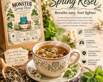May include: A tan paper pouch of Monster Spring Reset herbal tea featuring a blue monster illustration, next to a ceramic teacup filled with tea, a wooden scoop of loose herbs, and text detailing ingredients, brewing instructions, and benefits.