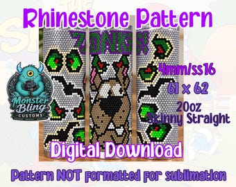 May include: A digital download rhinestone pattern for a 20oz skinny straight tumbler. The design features a brown dog graphic with green and black accents, labeled 4mm/ss16 and 61 x 62. The text reads Rhinestone Pattern, Monster Bling Customs, and Pattern NOT formatted for sublimation.