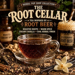 May include: A clear glass teacup filled with dark amber tea sits on a matching saucer. The text reads: HERBAL POP SHOP COLLECTION THE ROOT CELLAR TEA INSPIRED BY ROOT BEER ROASTED ROOTS WARM SPICE CREAMY VANILLA COOL HERBAL FINISH.