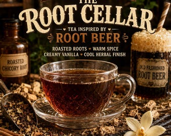 May include: A clear glass teacup filled with dark amber tea sits on a matching saucer. The text reads: HERBAL POP SHOP COLLECTION THE ROOT CELLAR TEA INSPIRED BY ROOT BEER ROASTED ROOTS WARM SPICE CREAMY VANILLA COOL HERBAL FINISH.