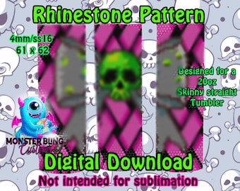 May include: Digital download design for a 20oz skinny straight tumbler. The design features a green skull, pink diamond pattern, and the text "Rhinestone Pattern". The design is 61 x 62 mm.