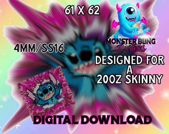 May include: A digital download pattern for a 200z skinny, featuring a blue Stitch character with a pink background. The pattern is 61 beads wide by 62 beads tall and uses 4mm beads with size 16 seed beads. The text "MONSTER BUNG Customs" is also included.