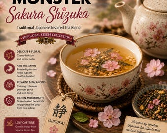 May include: A ceramic bowl filled with tea, featuring cherry blossoms and grains, sits on a woven coaster. A tag with the Japanese character for Shizuka hangs nearby. The text reads Monster Sakura Shizuka, The Global Steeps Collection, and lists herbal tea benefits. A teapot and loose tea are visible.