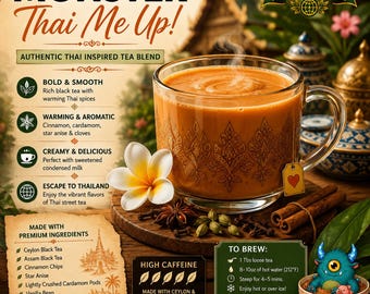 May include: A glass mug filled with orange Thai tea, featuring an intricate gold pattern, a white plumeria flower, and loose spices including star anise, cardamom, and cinnamon sticks. Text includes Monster Thai Me Up, The Global Steeps Collection, and brewing instructions for 8-10oz of water at 212F.
