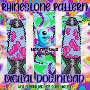 Puede incluir: Diseño de descarga digital con un patrón de lámpara de lava. El diseño incluye un monstruo de dibujos animados y el texto "Rhinestone Pattern" y "Digital Download". El diseño es para un vaso delgado de 20 oz, que mide 6,1 x 6,2 cm.