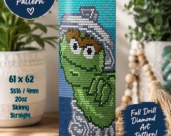 May include: A 20oz skinny straight tumbler featuring a full drill diamond art pattern of a green character with brown hair. The design includes text: Rhinestone Tumbler Pattern, 61 x 62, SS16 / 4mm, 20oz Skinny Straight, Full Drill Diamond Art Pattern, PDF PATTERN, COLOR-CHART, COUNT-LIST, INSTANT DOWNLOAD.