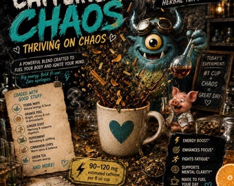 May include: A product advertisement for Caffeine Chaos herbal tea blend featuring a blue one-eyed monster, a pig in a lab coat, and a mug with a heart. Text includes ingredients like yerba mate, orange peel, ginger root, peppermint, and cinnamon.