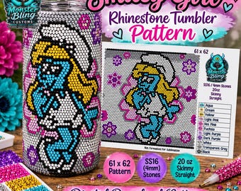 May include: A rhinestone tumbler pattern featuring a cartoon character with yellow hair and a white hat, designed for a 20 oz skinny straight tumbler. The digital download includes a color-coded chart for SS16 4mm stones and a finished tumbler example.