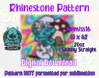 May include: A digital download rhinestone pattern for a 20oz skinny straight tumbler featuring a blurred character graphic. Text includes Rhinestone Pattern, 4mm/ss16, 61 x 62, 20oz Skinny Straight, Digital Download, and Pattern NOT formatted for sublimation.