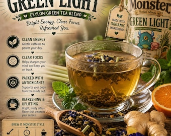 May include: A glass cup filled with amber-colored Ceylon green tea blend, featuring visible tea leaves, mint, and blue flowers. Beside it sits a wooden scoop of loose tea, fresh ginger root, and an orange slice, with text detailing ingredients.